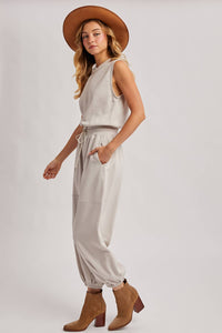 The Waverly Knit Drawstring Jumpsuit – Sleeveless Lounge-to-Live Style in Soft Oatmeal