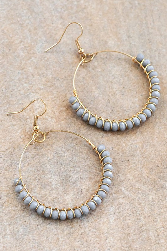Boho Beaded Circle Drop Earrings: Grey