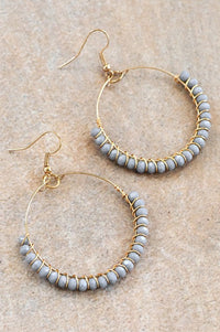 Boho Beaded Circle Drop Earrings: Grey