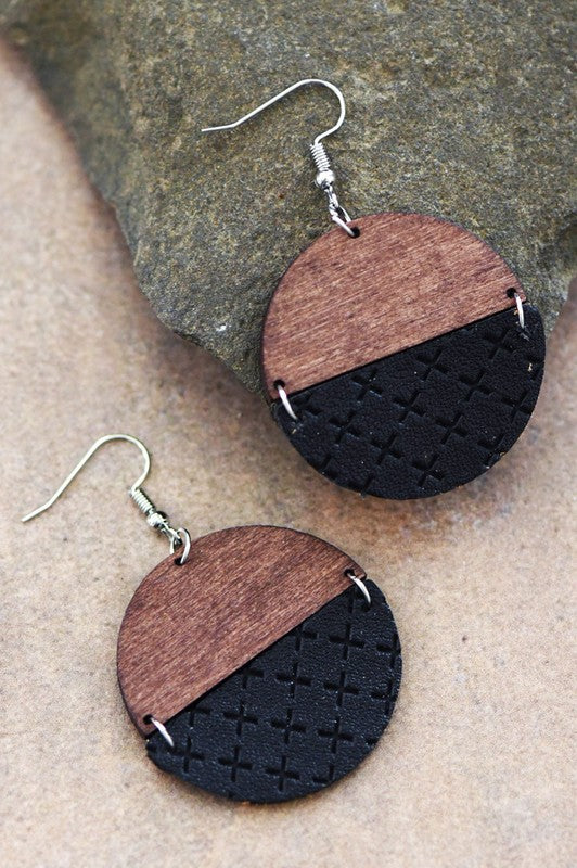 Wood and Black Leather Drop Earrings