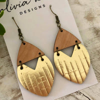 Josie Gold Leather and Wood Drop Earrings – Geometric Cork Statement Earrings