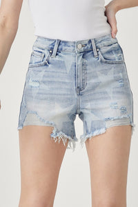 Risen High Rise Star Print Distressed Denim Shorts – Light Wash Patriotic Jean Short