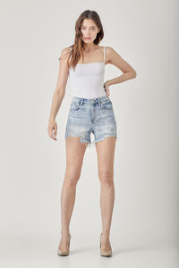 Risen High Rise Star Print Distressed Denim Shorts – Light Wash Patriotic Jean Short