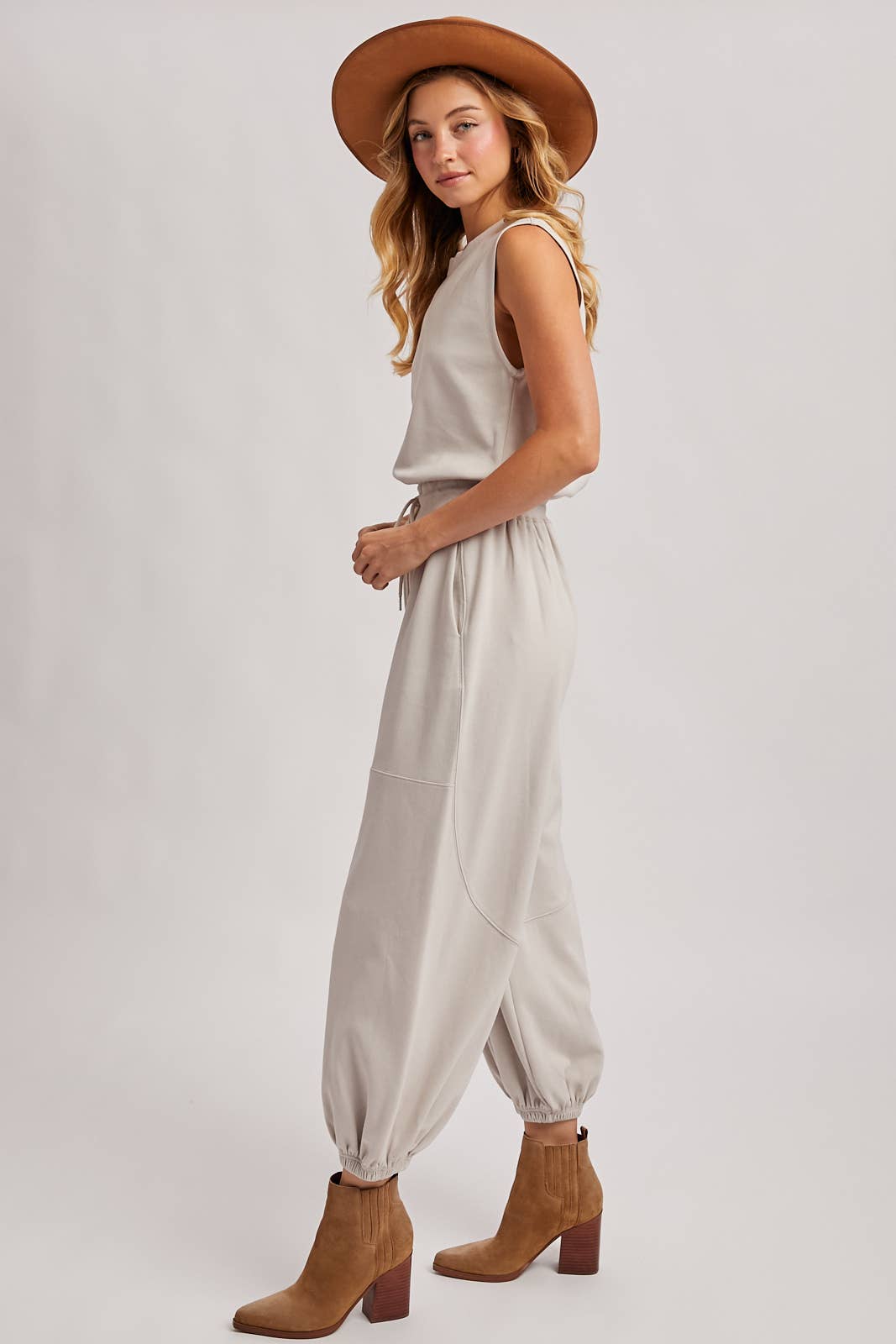 The Waverly Knit Drawstring Jumpsuit – Sleeveless Lounge-to-Live Style in Soft Oatmeal