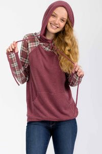 Everly Plaid Contrast Double Hooded Pullover – Ribbed Knit Hoodie with Thumbholes