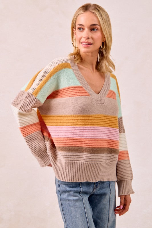 The Mabel Multi Stripe V-Neck Sweater – Pastel Rainbow Knit Pullover