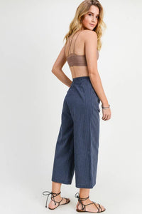 The Hallie Cropped Stripe Pant – Navy Wide Leg Drawstring Trousers