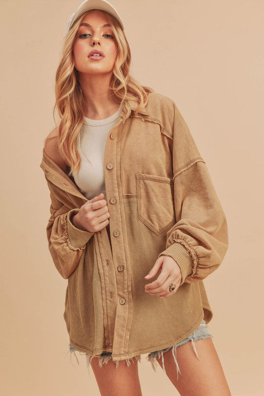 Judie Mixed Media Acid Wash Jacket | Oversized Button-Up Shacket