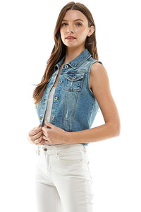 Rory Distressed Denim Vest – Stretchy Sleeveless Jacket with Pockets