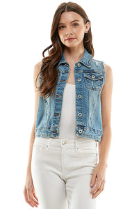 Rory Distressed Denim Vest – Stretchy Sleeveless Jacket with Pockets