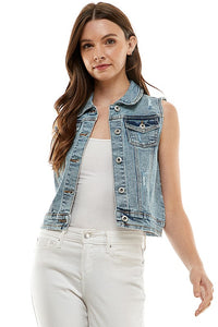 Rory Distressed Denim Vest – Stretchy Sleeveless Jacket with Pockets