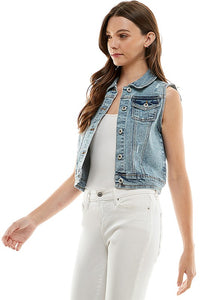 Rory Distressed Denim Vest – Stretchy Sleeveless Jacket with Pockets