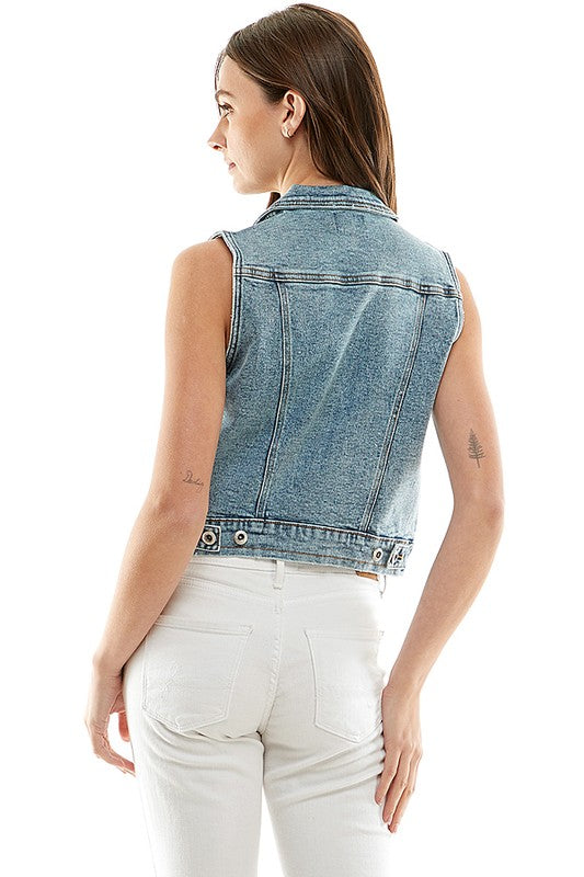 Rory Distressed Denim Vest – Stretchy Sleeveless Jacket with Pockets