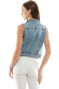 Rory Distressed Denim Vest – Stretchy Sleeveless Jacket with Pockets