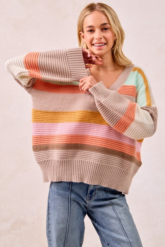 The Mabel Multi Stripe V-Neck Sweater – Pastel Rainbow Knit Pullover