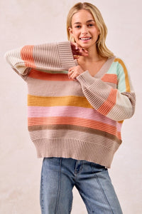 The Mabel Multi Stripe V-Neck Sweater – Pastel Rainbow Knit Pullover