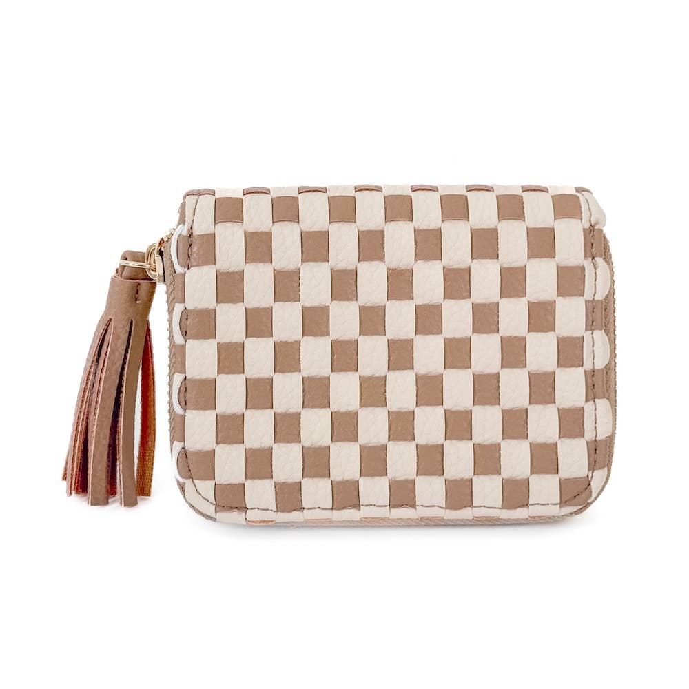 The Wynona Woven Wallet – Checkered Vegan Leather Compact Wallet: Black/Tan
