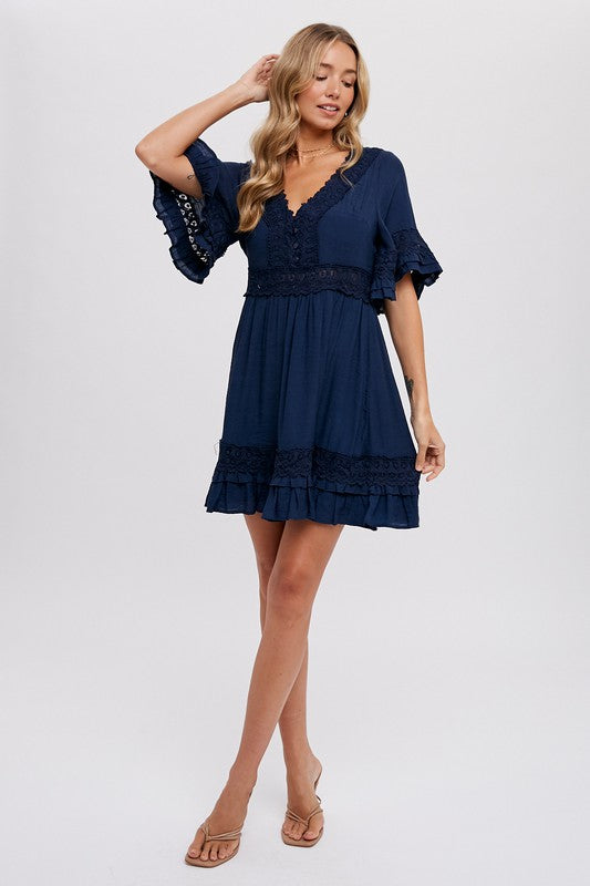 Isla Navy Lace Trim Mini Dress – Flutter Sleeve V-Neck Ruffle Hem