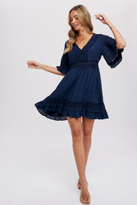 Isla Navy Lace Trim Mini Dress – Flutter Sleeve V-Neck Ruffle Hem
