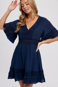 Isla Navy Lace Trim Mini Dress – Flutter Sleeve V-Neck Ruffle Hem