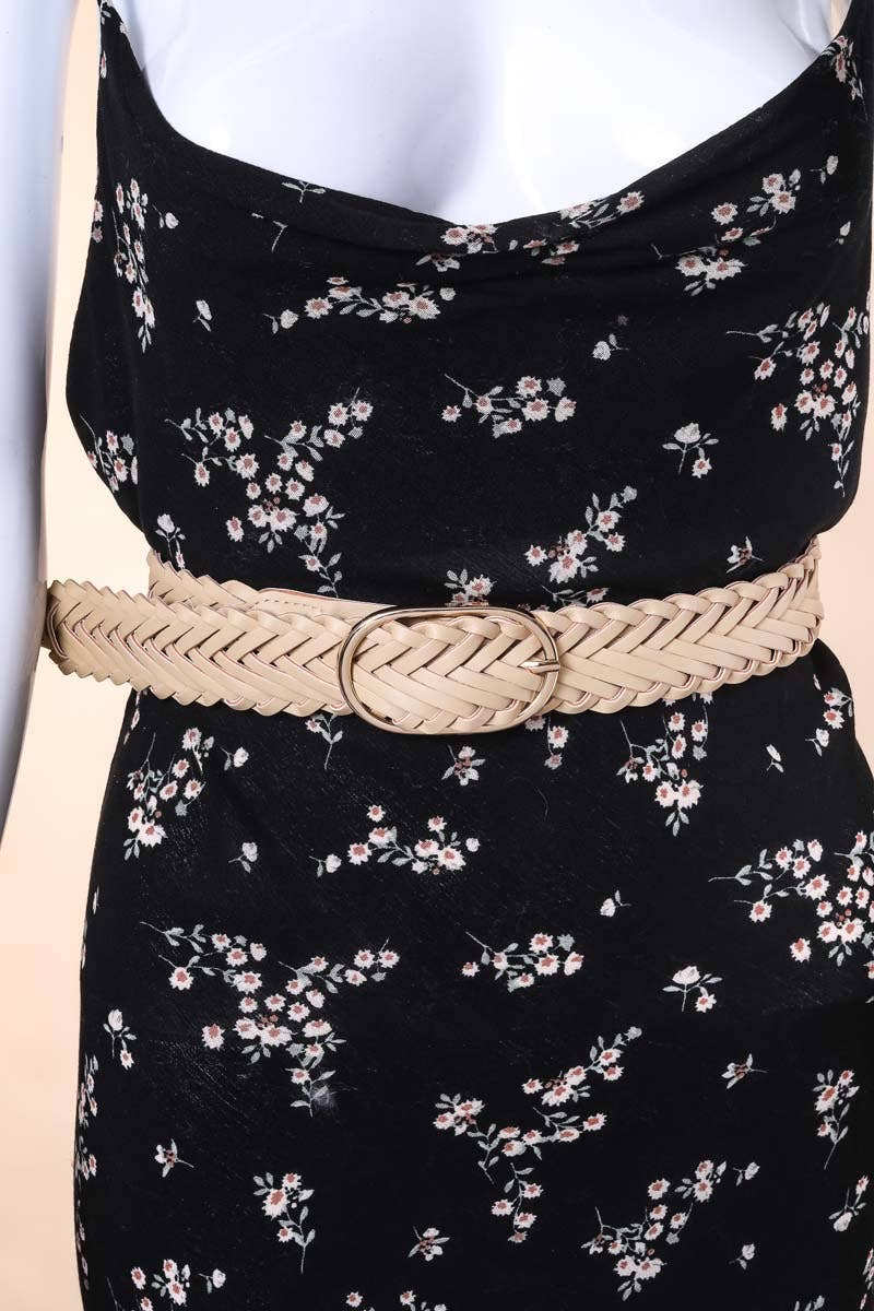 Braided Faux Leather Oval Buckle Belt