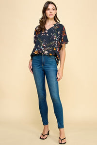Jessica Floral Print Short Sleeve Blouse: Teal