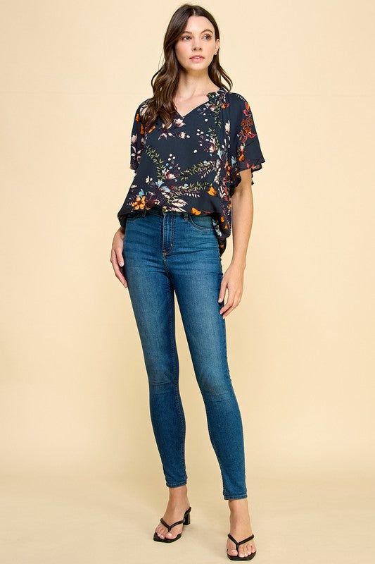 Jessica Floral Print Short Sleeve Blouse: Teal