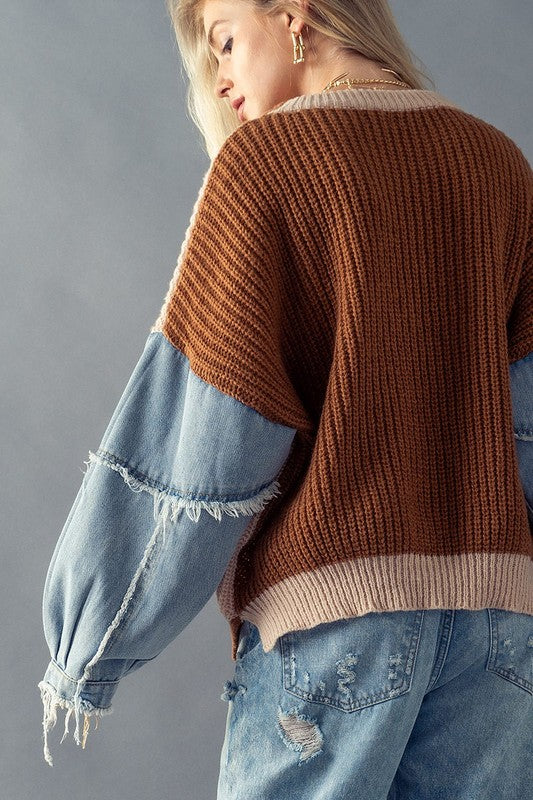 Sam Denim Sleeve Knit Sweater- Taupe