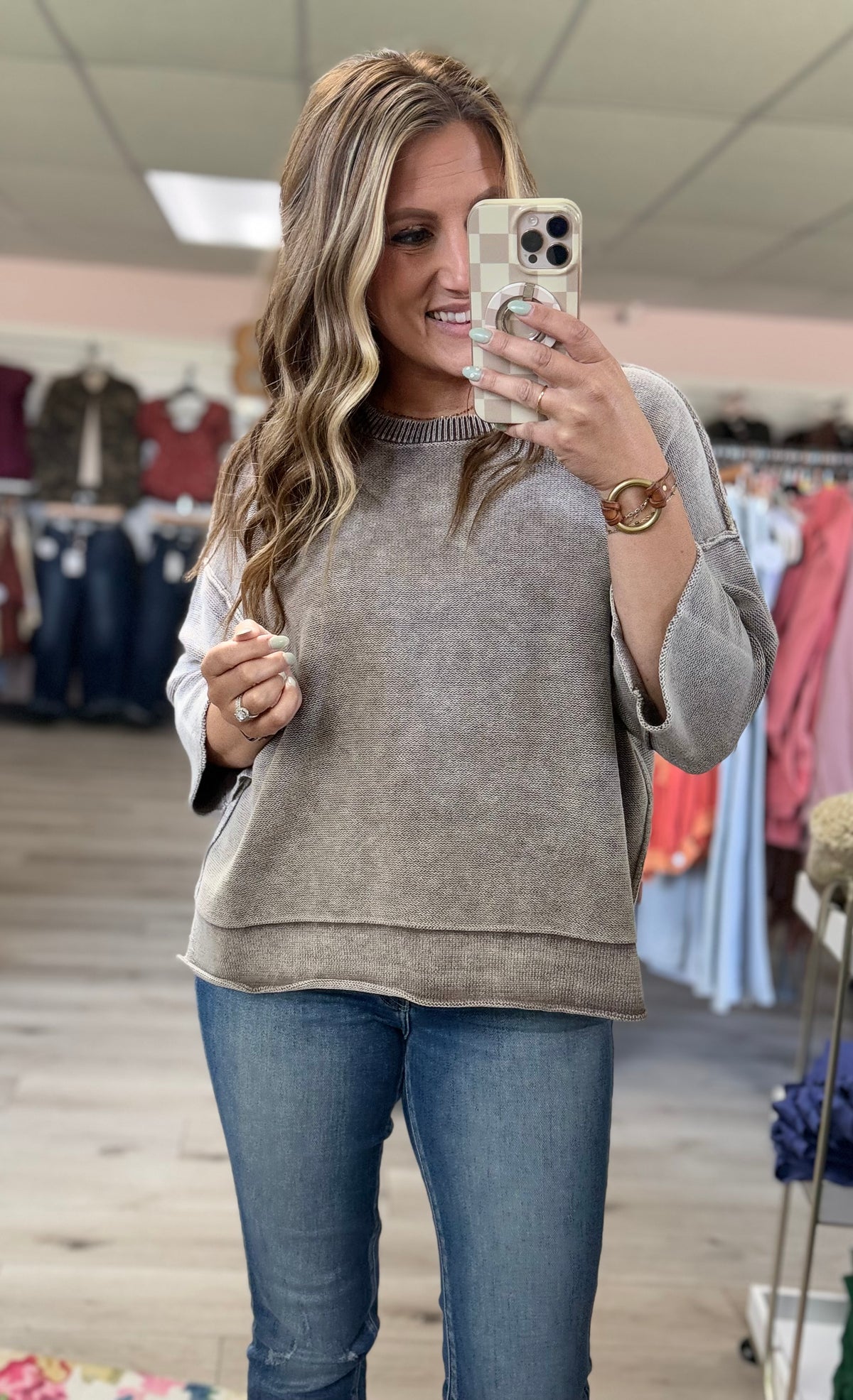 Hadley Boxy Cotton Sweater – 3/4 Sleeve Lightweight Knit Top
