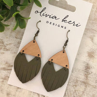 Josie Olive Green Leather & Wood Drop Earrings – Boho Chic Lightweight Dangles