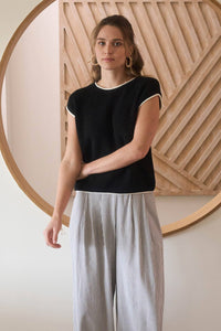 The Marlowe Contrast Trim Sweater Top – Camel Knit Short Sleeve Pullover