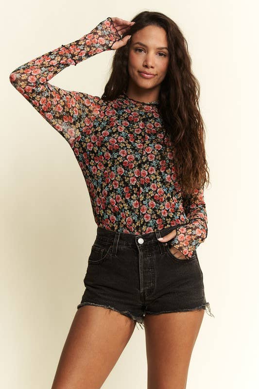Juniper Mesh Floral Mock Neck Top | Long Sleeve Sheer Layering Blouse