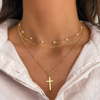 18K Gold Stainless Steel Layered Cross & Pearl Necklace | Tarnish-Free & Hypoallergeni