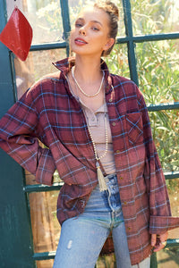 Kayla Vintage Wash Oversized Plaid Flannel Button-Up Shirt: Chocolate – Long Sleeve Layering Top
