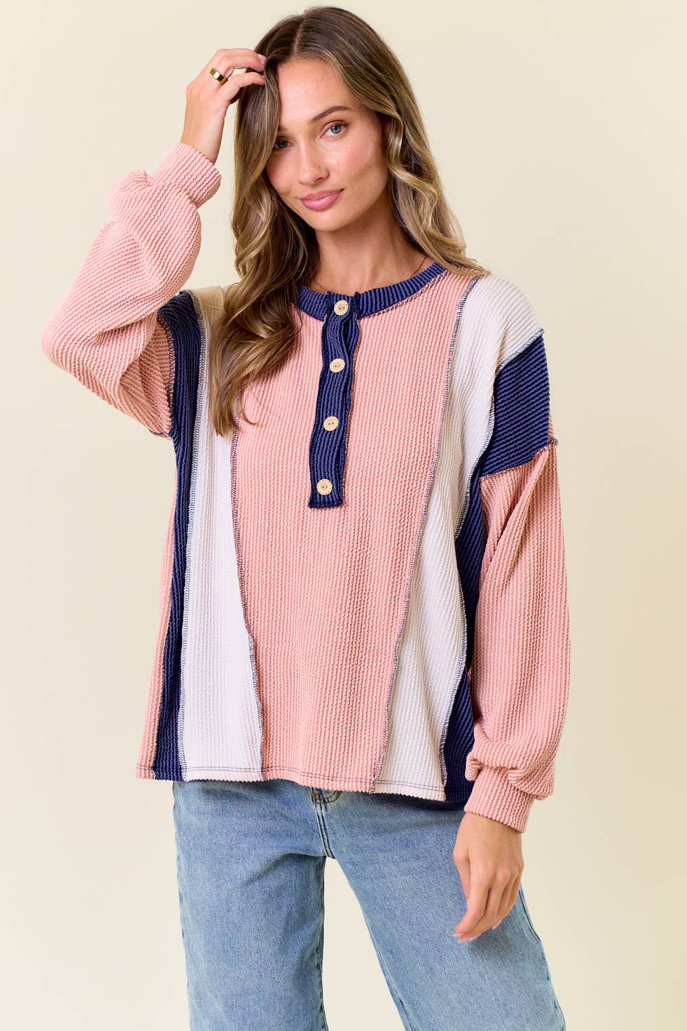 The Clara Colorblock Waffle Knit Henley – Neutral Stripe Patch Pullover