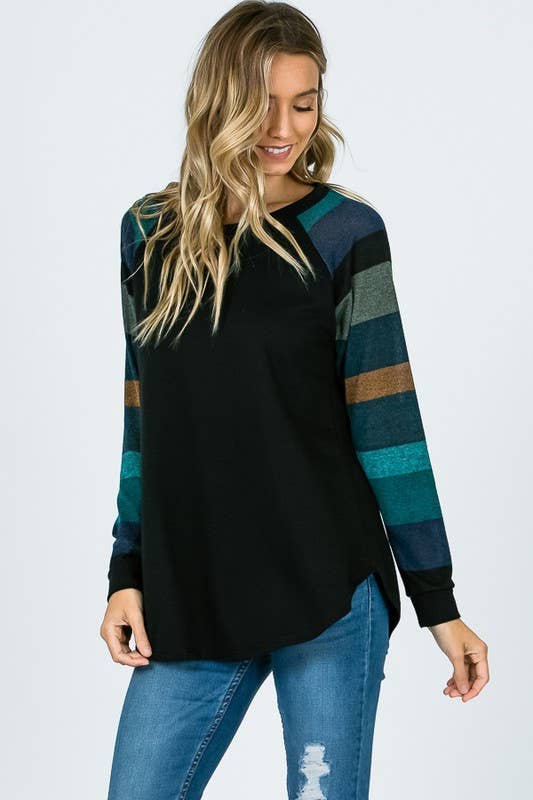 Lisa Stripe Sleeve Casual Blouse: Jade/ Black