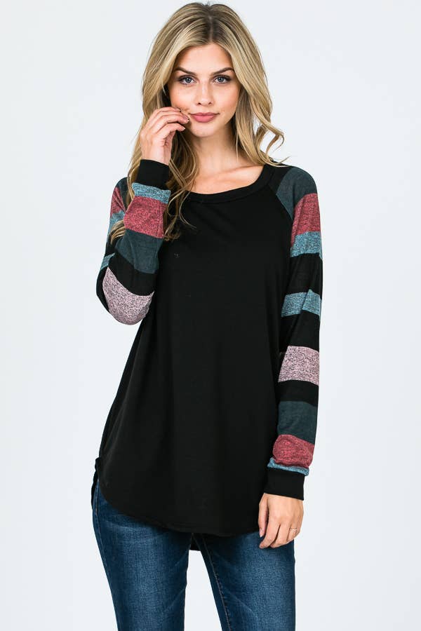 Lisa Stripe Sleeve Casual Blouse: Jade/ Black