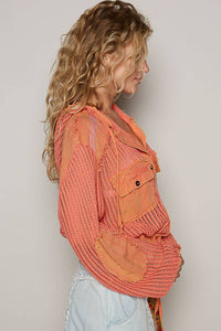 Caroline Open Knit Hooded Shacket: Coral