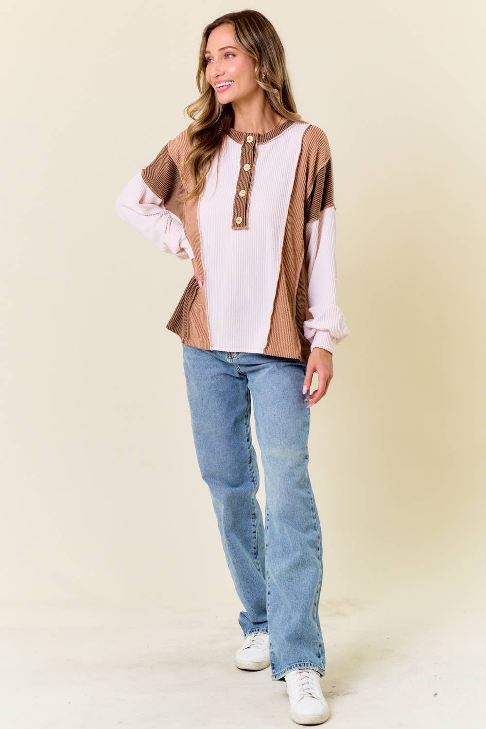 The Clara Colorblock Waffle Knit Henley – Neutral Stripe Patch Pullover