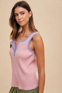 Becca Ribbed Henley Tank: Pink/Blue
