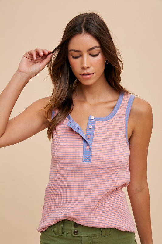 Becca Ribbed Henley Tank: Pink/Blue