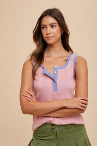 Becca Ribbed Henley Tank: Pink/Blue