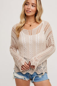 Natalie Scalloped Hem Open Knit Pullover: Oatmeal