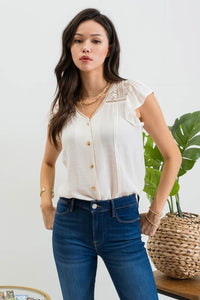 Willow Ruffle Sleeve Button and Lace Short Sleeve Blouse