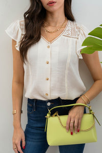 Willow Ruffle Sleeve Button and Lace Short Sleeve Blouse