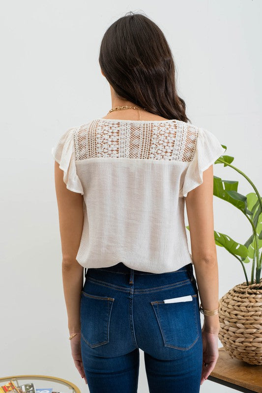 Willow Ruffle Sleeve Button and Lace Short Sleeve Blouse