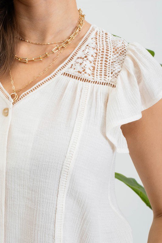 Willow Ruffle Sleeve Button and Lace Short Sleeve Blouse