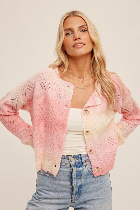 Strawberry Fields Pointelle Cardigan- Pink Ombre