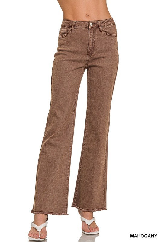 Sawyer Fray Hem Wide Leg Jeans – Mahogany & Rust Acid Wash Denim