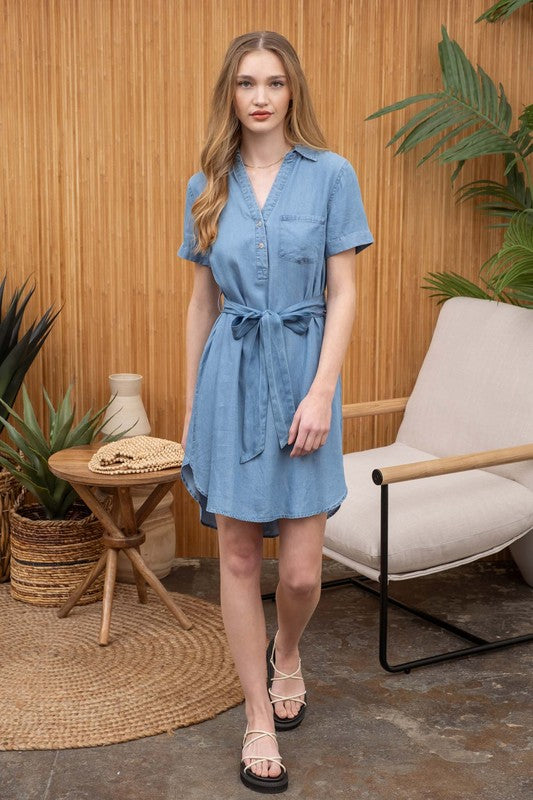 Lucie Chambray Denim Mini Shirt Dress- Medium Wash
